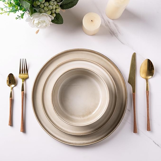 GBHOME Ceramic Dinnerware Sets for 4 16 Pieces Stoneware Plates and Bowls Sets Chip and Scratch Resistant Dishes Dishwasher &amp Microwave Safe Reactive Glaze-Cappuccino