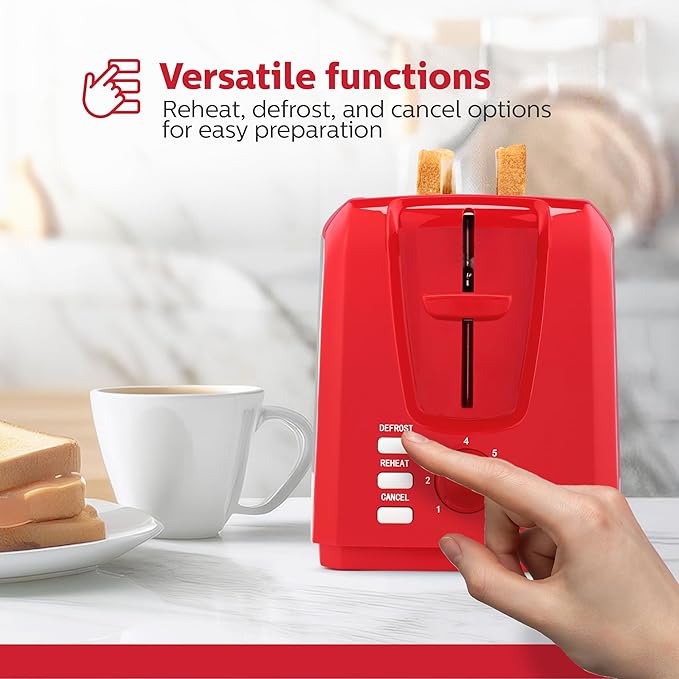 Holstein Housewares 2-Slice Toaster with 7 Browning Settings Extra-Wide Slots Reheat Defrost Cancel High-Lift Release Removable Crumb Tray – Compact Stainless Steel Red