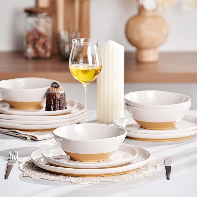 FINE&ampNICE Melamine Dinnerware Sets of 12 Pcs Kitchen Plates and Bowls Set for 4 Unbreakable Dishware Sets for Patio RV and Camping Dishwasher Safe (White with Brown)