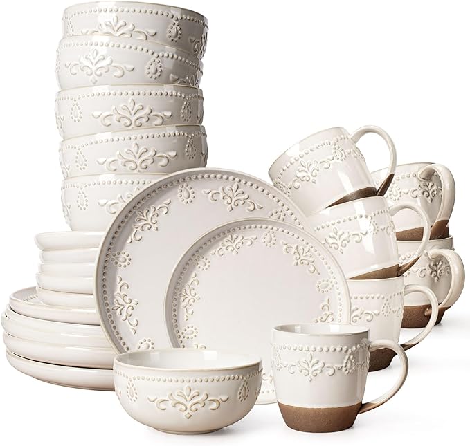Artena Plates And Bowls Sets 24 Pieces Dinnerware Sets Dish Set For 6 Ceramic Kitchen Bowl And Plate Set Embossed White Dishware Sets Dishwasher &amp Microwave Safe (Damask Floral) (With Mugs)