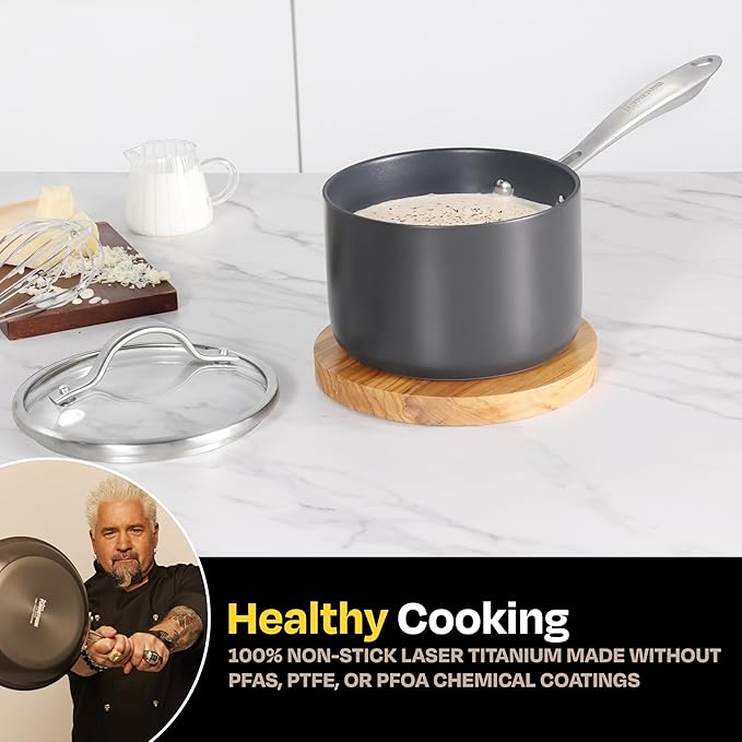 Guy Fieri's Flavortown Laser Titanium 2-Quart Sauce Pan with Lid - Non-stick Cookware Without PFAS PTFE or PFOA 3x More Durable Dishwasher Safe Oven Safe