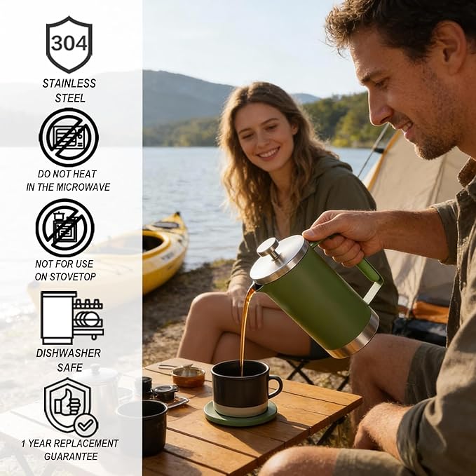 Stainless Steel French Press Coffee Maker 21OZ 600ml Coffee Press Tea Press for Personal Office TravelCamping (Green 1-3 Cups)