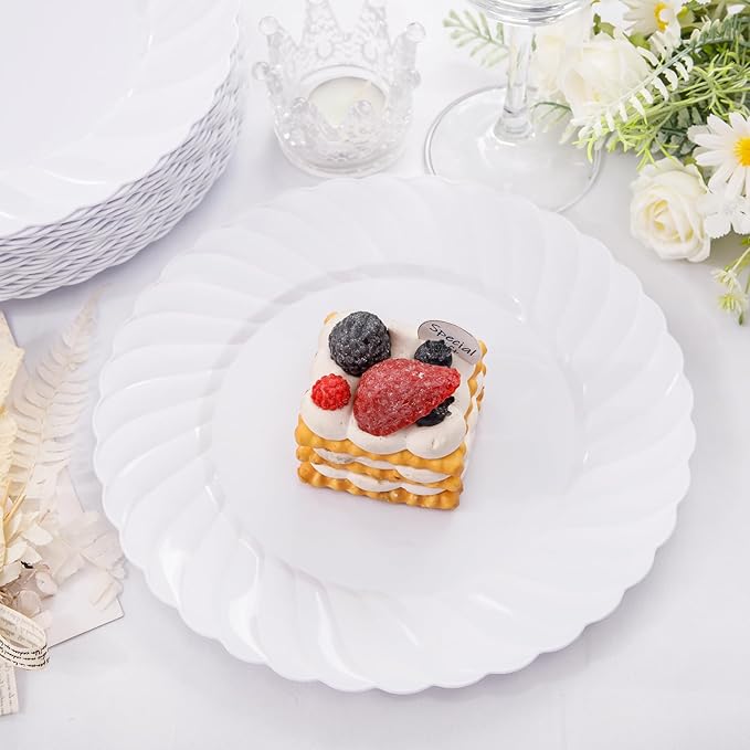 U-QE 100 Pieces White Plastic Plates - Premium White Disposable Plates for Wedding and Party Use Including 50PCS 9 '' Dinner Plate &amp 50PCS 6.5 '' Dessert Plate