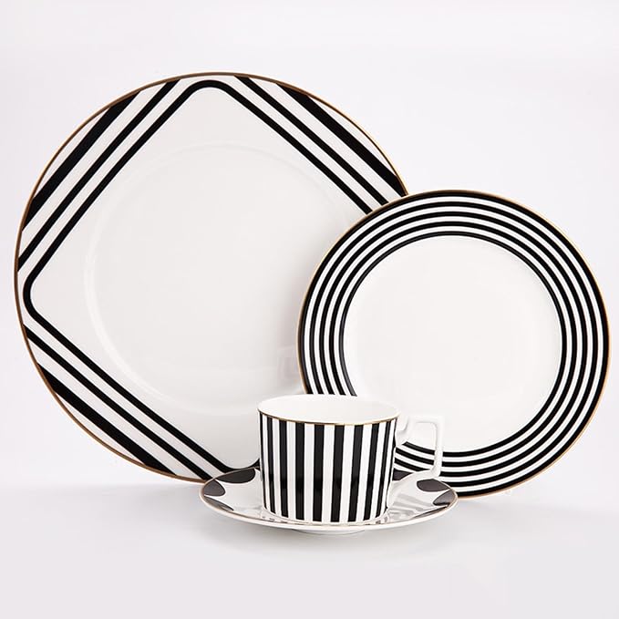 European Style Dinnerware Set Service for 6 Bone China Dinnerware Sets Unbreakable Porcelain Dinner Sets Coffee Cup and Saucer Tableware Set Steak Dinner Plates Dish Set Striped black white-04
