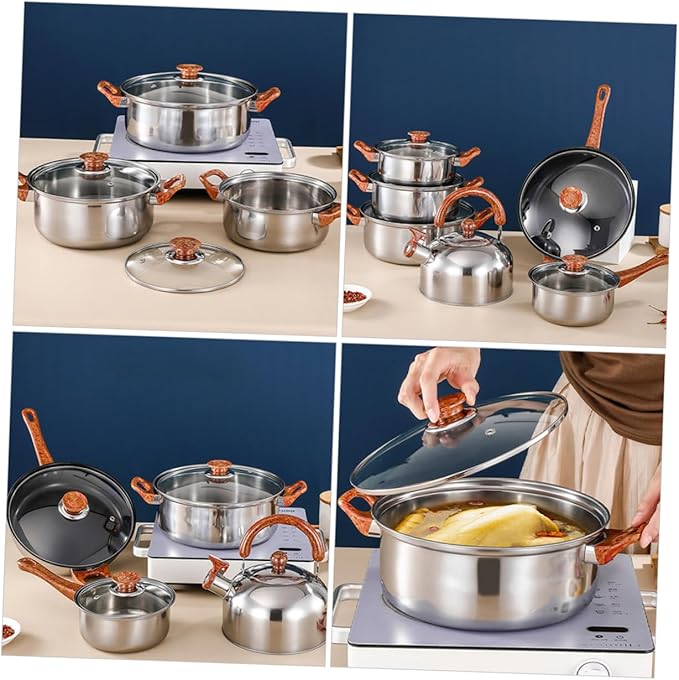 Amosfun 12-Piece Heavy-Duty Stainless Steel Cookware Set Induction Compatible Includes Soup Pot Fry Pan Small Milk Pan and Kettle for Home Kitchen