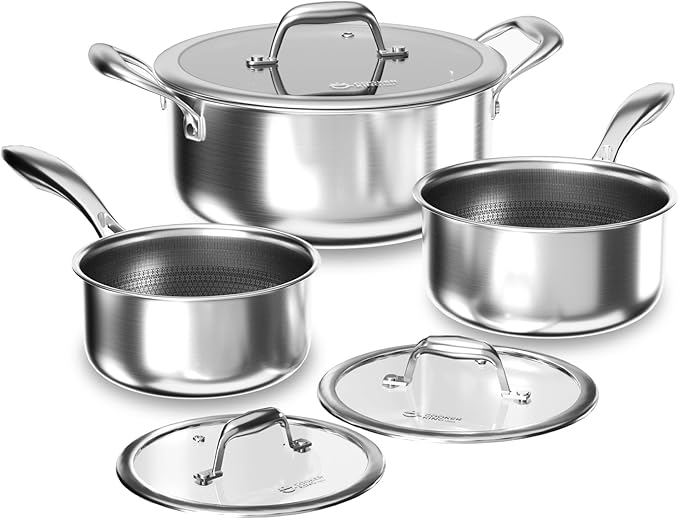 COOKER KING Stainless Steel 6 Pcs Pots Set 1.5 &amp 2QT Saucepan and 5-Quart Pots with Lids Non Stick Non Toxic Stay-Cool Handles Induction Oven Dishwasher Safe