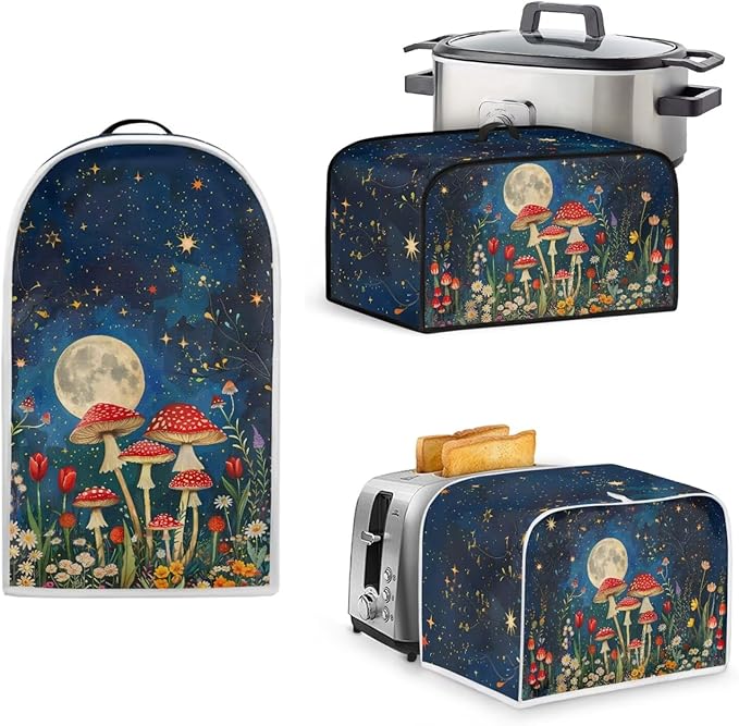 Unique Toaster 2 Slice Cover Thanksgiving Day Decorations Set Blender Bread Toaster Slow Cooker Cover Fit for Most 6-8 Qt Slow Cookers Mushroom Moon (Blue)