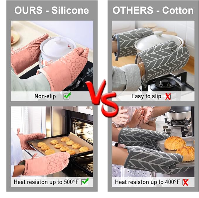 KEGOUU Oven Mitts and Pot Holders 6pcs Set Kitchen Oven Glove High Heat Resistant 500 Degree Extra Long Oven Mitts and Potholder with Non-Slip Silicone Surface for Cooking (Pink)