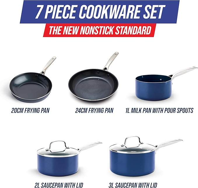 Blue Diamond Cookware Diamond Infused Ceramic Nonstick 7 Piece Cookware Pots and Pans Set PFAS-Free Dishwasher Safe Oven Safe