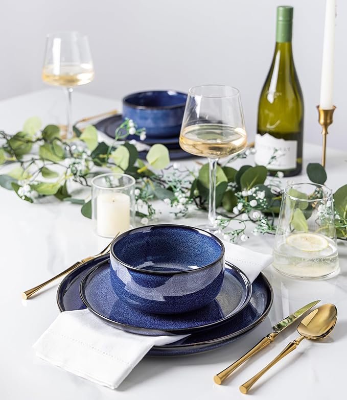 TheTerra Ceramic Dinnerware Sets for 4 12 Pieces Handmade Reactive Glaze Plates and Bowls Set Scratch Resistant Dish Set Oven &amp Microwave &amp Dishwasher Safe Blue