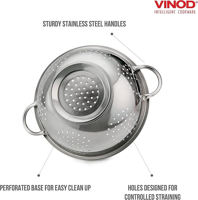 Vinod Food Mesh Colander | 11 Inches in Diameter | Dishwasher Friendly Strainer | Perforated Base | Suitable For Straining Fruits Vegetables Noodles Pasta Spaghetti | Stainless Steel Body Large