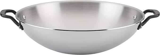 KitchenAid 5-Ply Clad Polished Stainless Steel Wok Induction Compatible Dishwasher Safe 15 Inch Open Stir-Fry Pan