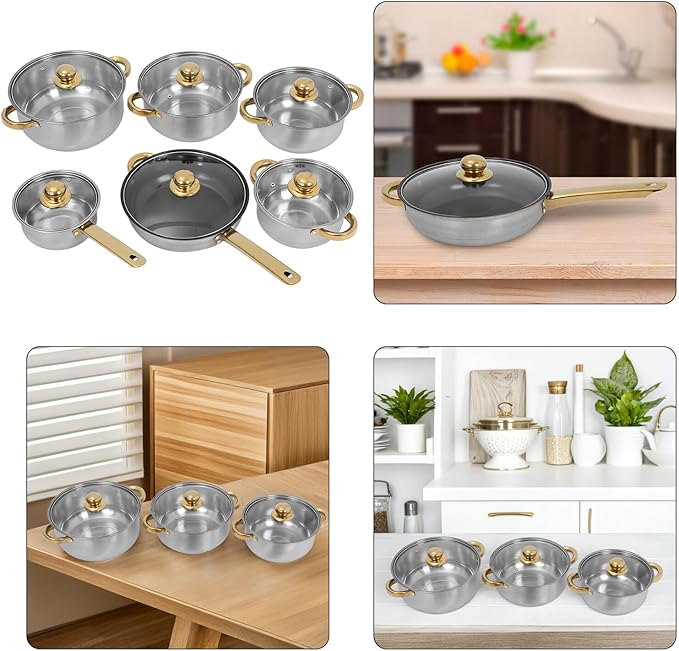 VANZACK Stainless Steel Cookware Set with Nonstick Frying Pan and Gold Handles Even Heat Distribution Pots and Saucepan for Induction Gas Electric Stoves Kitchen Essentials for Family