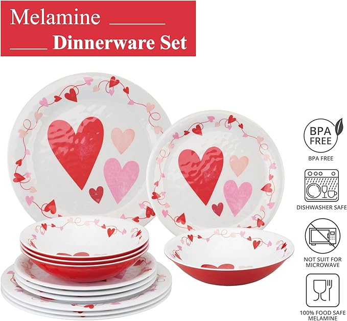 UPware 12 Piece Love Hearts Melamine Dinnerware Sets Outdoor Dishes Set Plates and Bowls Sets Valentine's Day Decorations Service for 4 Red