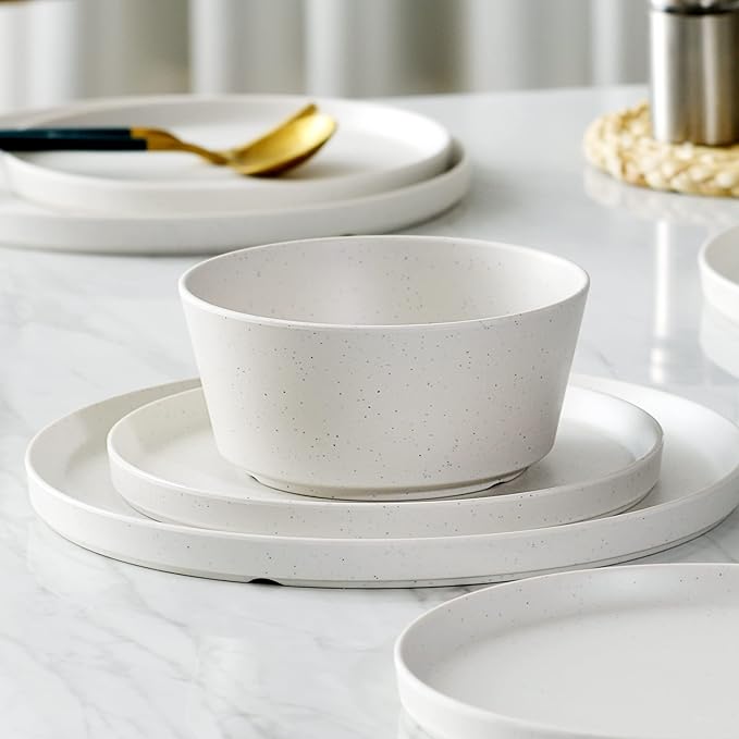 FINE&ampNICE 12PCS Melamine Dinnerware Sets Outdoor Dinnerware Sets for 4Durable Camper DinerwareLightweight Dishwasher Safe and BPA Free(Spotty White)
