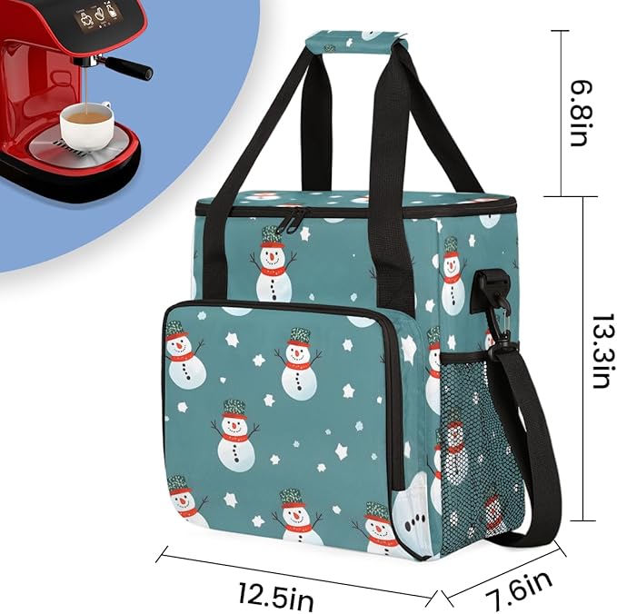 Cute Snowman Coffee Maker Carrying Bag Christmas Snowman Travel Storage Bag Compatible with K-Mini or K-Mini Plus Single Serve Coffee Brewer Carrying Case with Multiple Pockets &amp Shoulder Strap