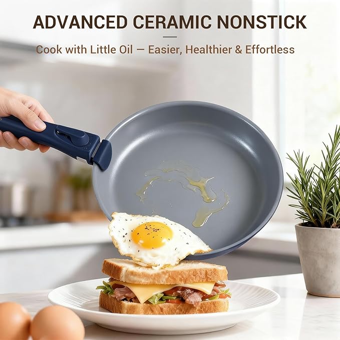 Ammeloo 18-Piece Ceramic Pots and Pans Set Non Stick Non Toxic Cookware Set with Removable Handles Pot Sets for Cooking Induction Ready Dishwasher &amp Oven Safe PFAS PFOA &amp PTFE Free (Navy