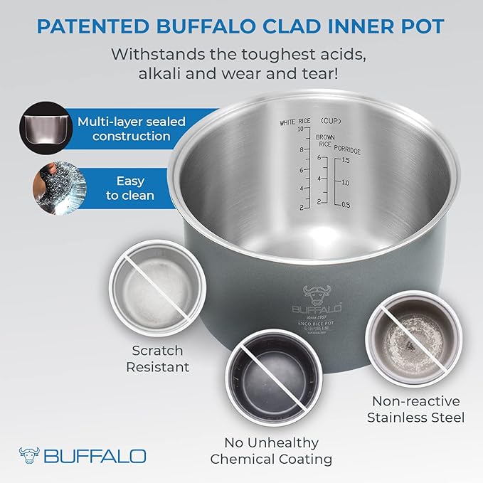 Buffalo Classic Rice Cooker with Clad Stainless Steel Inner Pot - Electric Rice Cooker for White/Brown Rice Grain - Easy-to-clean Non-Toxic &amp Non-Stick Auto Warmer (10 Cup)