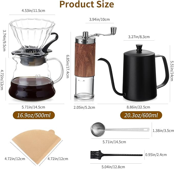 Unbreakable Pour Over Coffee Maker Set – 6-Piece Set with Coffee Maker Hand Coffee Grinder Hand Drip Kettle V60 Filters (40 Sheets) and Measuring Spoon – Perfect for Home Brewing and Travel