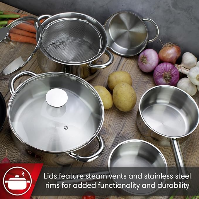 MAGEFESA IDEAL 11-Piece Cookware Set: 2 Stockpots 2 Saucepans 2 Mini Sauté Pans 2 Skillets Mesh Strainer Stainless Steel All Stovetops (Incl. Induction) Dishwasher Safe