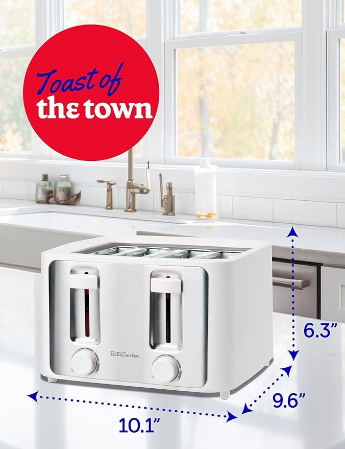 Betty Crocker 4-Slice Toaster 1500W Variable Toast Shade Control Dials High Lift Feature Cool Touch Housing Bread Centering Guides Drop Down Crumb Tray BC-5635W White