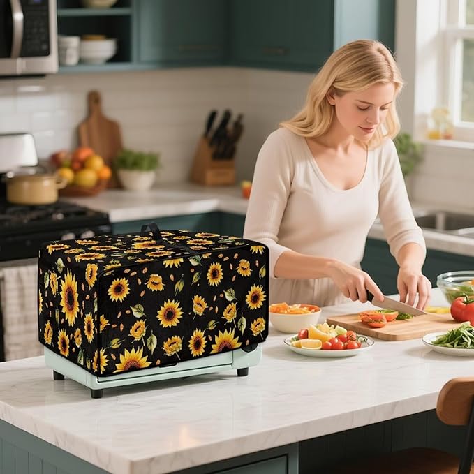 Toaster Oven Cover Heat-Resistant Dust-proof Air Fryer Protective Covers with Organizing Side Pockets to Hold Jam Spreader Knife &amp Toast Machine Tongs Sunflower Leaves