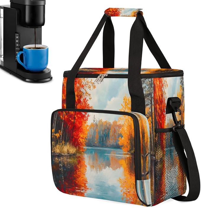 Autumn Maple Tree Maple Leaves Pattern Coffee Maker Carring Bag Travel Carrying Storage Tote Bag Compatible with Keurig K-Mini or K-Mini Plus Portable Single Serve Coffee Brewer Case with Pockets