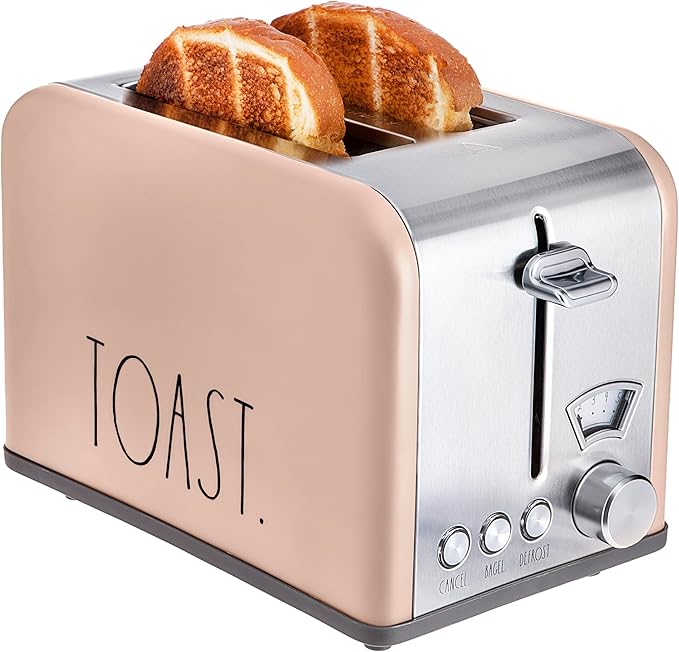 Rae Dunn Toaster Stainless Steel 2 Slice Square Toaster Wide Slot with 5 Browning Levels with Bagel Defrost and Cancel Options (Blush)