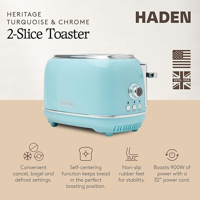 Haden Heritage 2 Slice Wide Slot Stainless Steel Toaster with Adjustable Browning Control &amp Non-Slip Feet Turquoise &amp Chrome