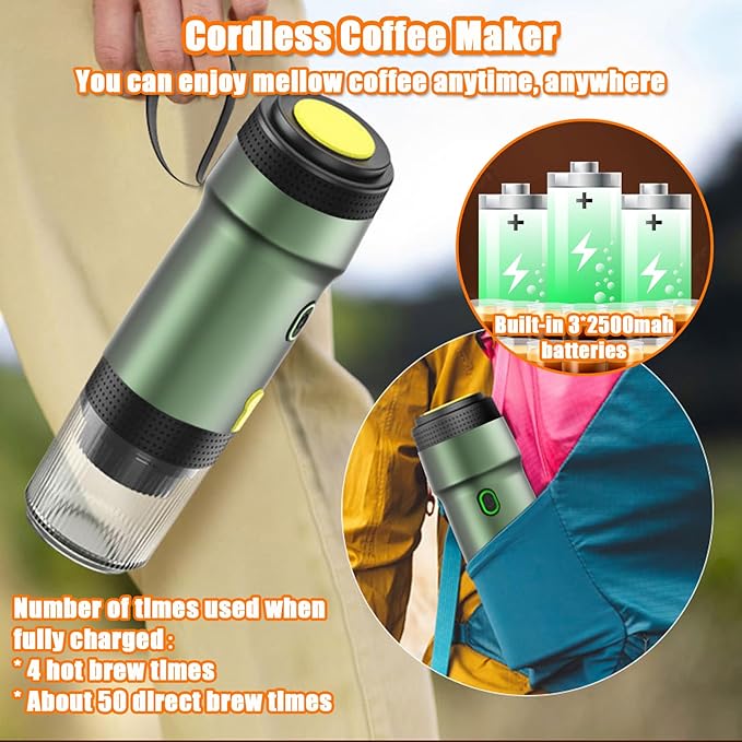 Portable Espresso Machine 3-in-1 Self-Heating Portable Coffee Maker for Travel with Rechargeable Battery Cordless Electric Mini Espresso Maker for RV Hiking Camping Office (Green)