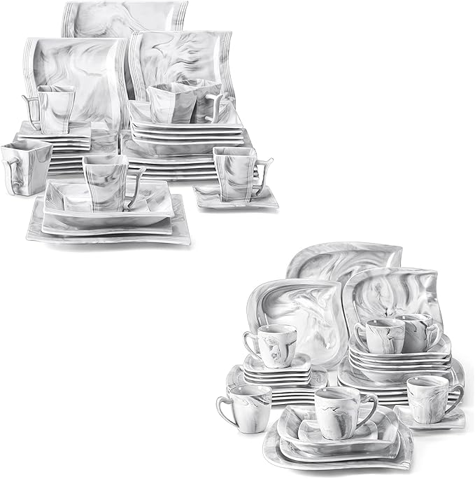 MALACASA FLORA 30 Piece Marble Grey Square Dinnerware Sets Bundle With ELVIRA 30 Piece Grey Dinner Set