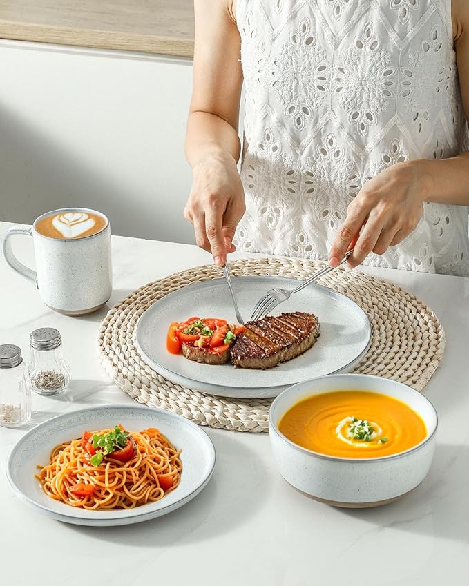 HASENSE 8 Inch Ceramic Salad Plates and White Dinnerware Set Bundle