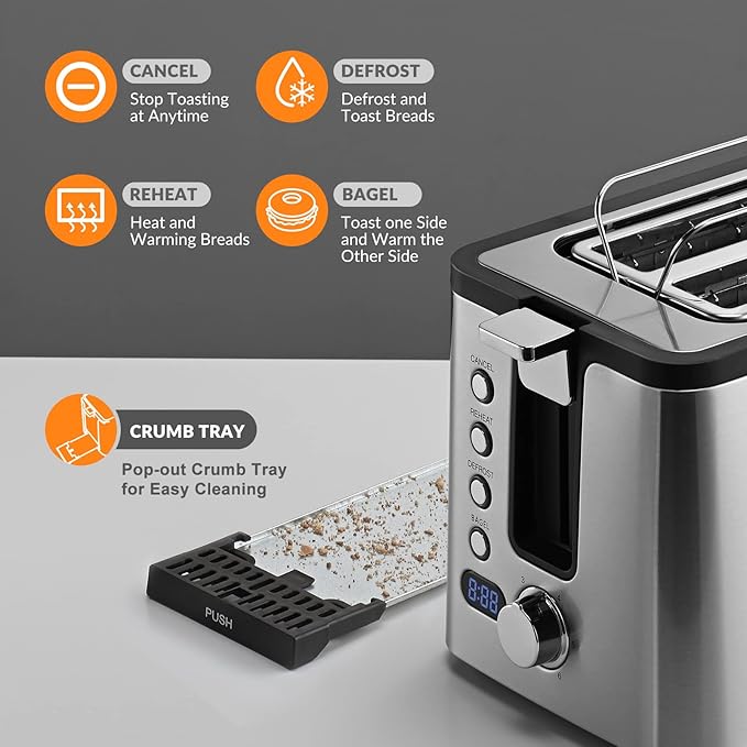 Mecity Toaster 2 Slice Stainless Steel Body Timer Bagel Defrost Reheat Cancel Functions Warming Rack Removable Tray 6 Browning Settings Extra Wide Slots Bread Toaster 800W
