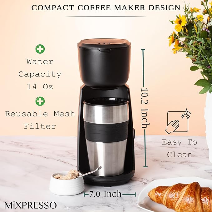 Mixpresso Personal Single Serve Coffee Maker &amp 14oz Travel Mug Drip Small Coffee Maker &amp Tumbler Auto Shut Off &amp Reusable Filter Compatible with Coffee Grounds
