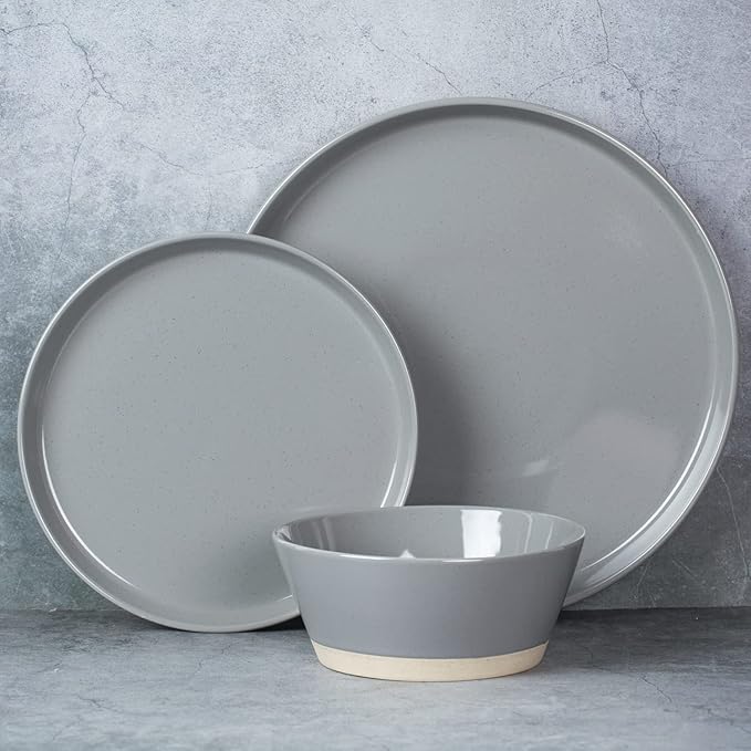 Famiware Saturn Dinnerware Sets for 4 12 Pieces Stoneware Plates and Bowls Dish Set - Chip and Scratch Resistant Microwave and Dishwasher Safe Tableware Dark Gray