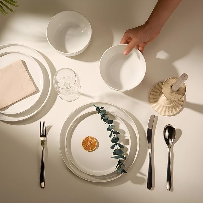 Ceramic Dinnerware Set 12-Piece Service for 4 Soup Bowls (31.5 oz) Salad Plates (7.5) Dinner Plates (10.5) Round Microwave and Dishwasher Safe White Cambridge Classics