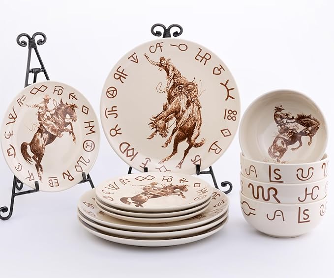 Broncs &amp Brands 12 Piece Dinnerware Set of Four Place Settings Including Dinner Plates Salad Plates and Dinner Bowls