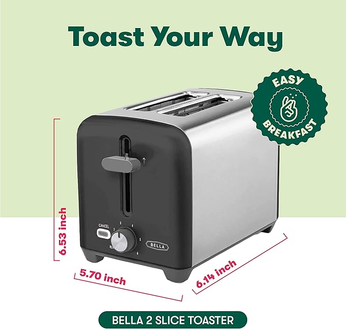 bella 2 Slice Toaster Quick &amp Even Results Every Time Wide Slots Fit Any Size Bread Like Bagels or Texas Toast Drop-Down Crumb Tray for Easy Clean Up Stainless Steel and Black