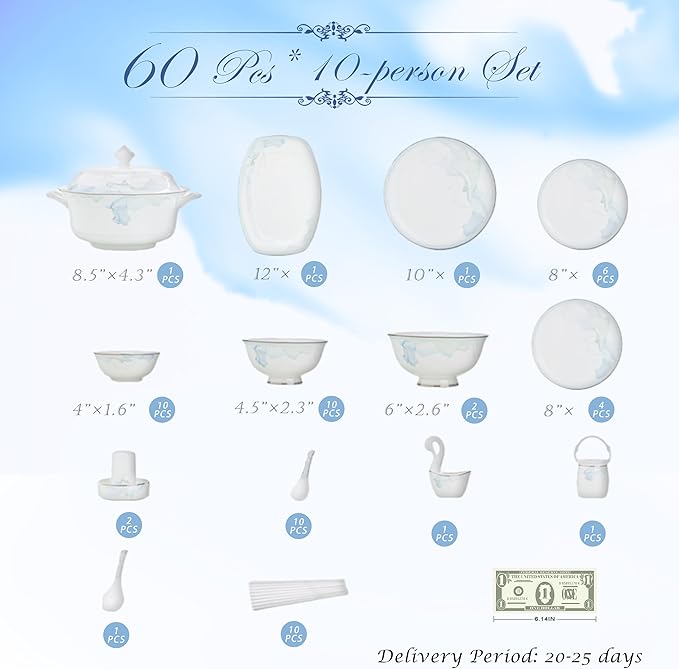 60 Pcs Fine Bone China Dinnerware Set Porcelain&ampCeramic Dinnerware SetsBone Stoneware&ampCeramic Cookware Tableware Set Includes Dinner Plates|Spoons|Pasta Bowls|Soup Pot|Chopsticks