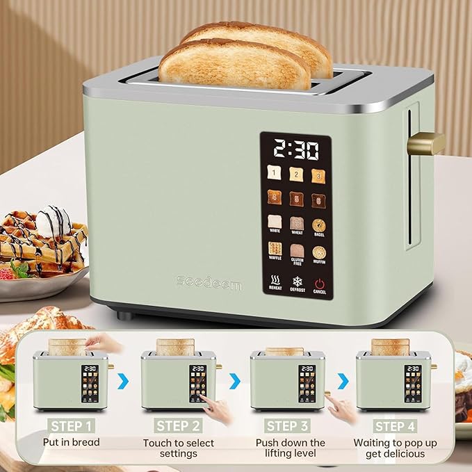 2-Slice Toaster with Touch Control 6 Shade Settings &amp 6 Bread Type 900W Removable Crumb Tray Countdown Display Smart Stainless Steel Design Green