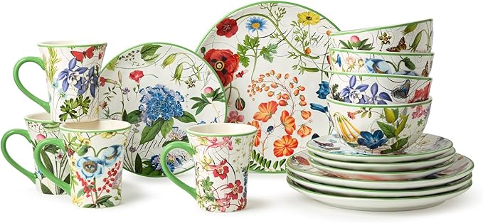 Greenhouse 16-Piece Dinnerware Set Service for 4 Botanical Patterns with Butterflies &amp Dragonflies Durable &amp Stylish Perfect for Brunches Family Dinners &amp Nature-Inspired Tablescapes