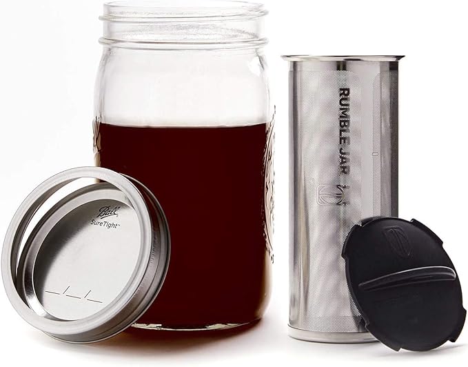 Rumble Jar - Next-Gen Cold Brew Coffee Maker for Mason Jars - 200 Micron Filter Is Ideal for Coarse Grounds &amp Stronger Coffee - Includes Filter + 32oz Mason Jar
