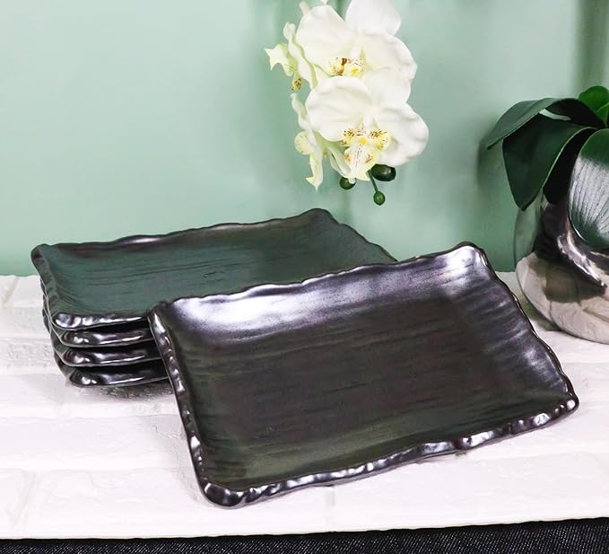 Ebros Gift Iron Black Clay Underglaze Technique Tetsu Kesho Porcelain Dinnerware Kitchen Set Asian Japanese Restaurant Supply (Pack Of 5 Rectangular Wavy Sushi Plates)