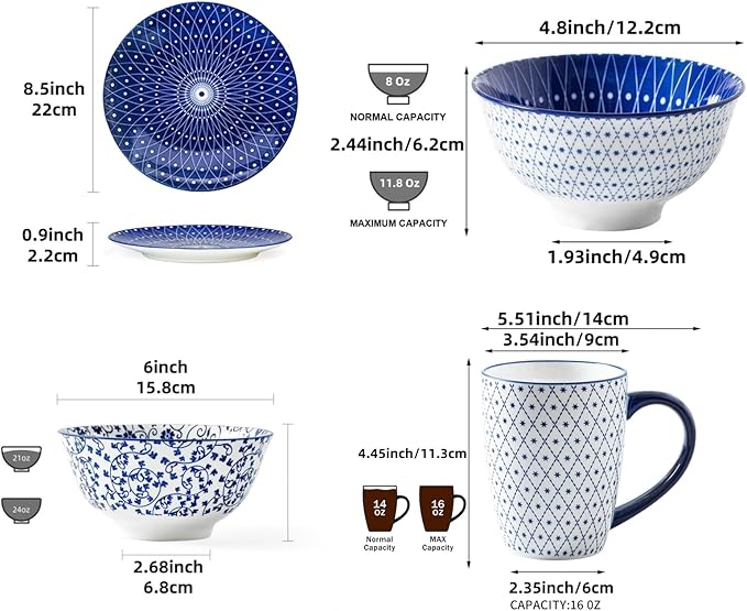 24 Pieces Ceramic Dinnerware - 12 Oz Dessert Bowls and 8.5 Inch Salad Plates and 24 Oz Cereal Bowls and 16 Oz Coffee Mugs Sets - Service for 6 - Vintage Blue