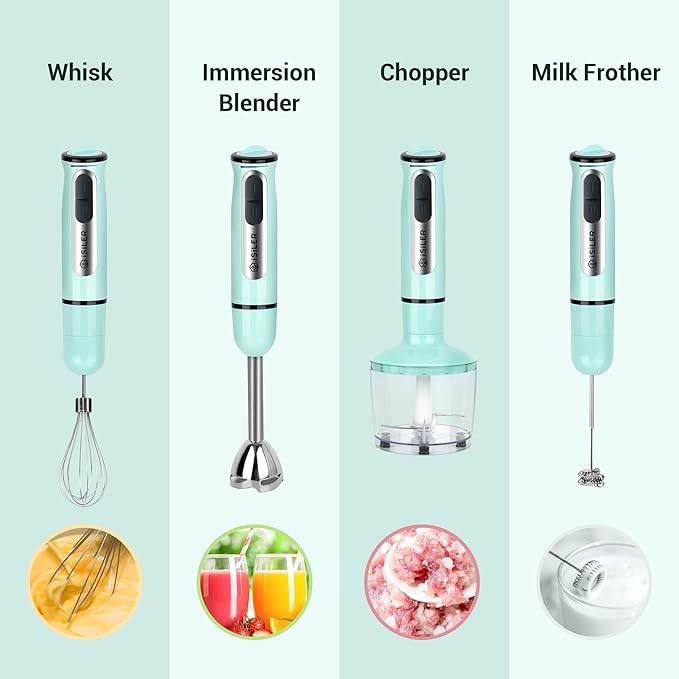 Immersion Hand Blender ISILER 5-in-1 500-Watt Multi-Purpose Stick Blender with 860ml Food Chopper 600ml Container Milk Frother Egg Whisk 8-Speed for Puree Infant Food Smoothies Soups