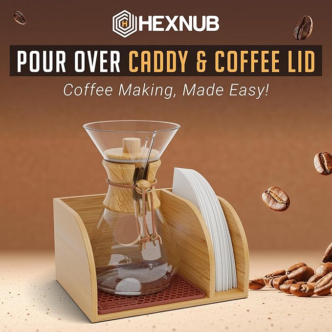 HEXNUB Caddy and Lid for Pour Over Coffee Maker Bamboo Stand fits Chemex Bodum Cosori Carafes Heatproof Mat Filter Holder for Drip Coffee Maker - Brown Mat