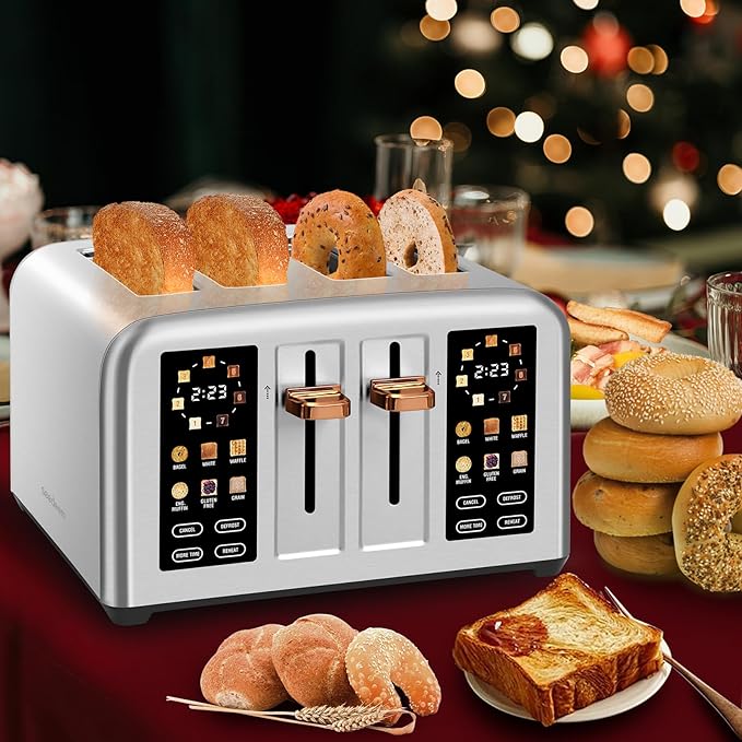 SEEDEEM Toaster 4 Slice Stainless Steel Touch Screen for Dual Control Digital Timer Smart Toaster with 6 Bread Type 7 Shade Setting 1.5''Wide Slot Removable Crumb Tray 1800W Silver Metallic