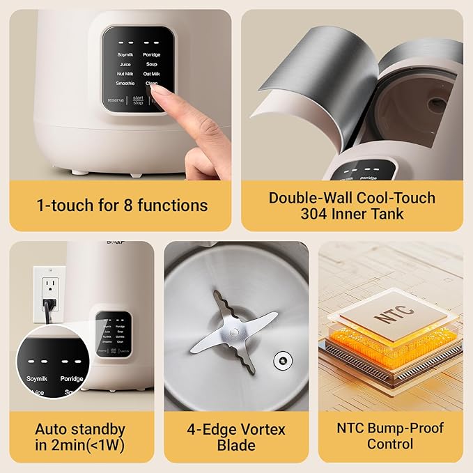 Bear 8 in 1 Nut Milk Maker Machine 40oz/1.2L Soy Milk Maker with Self Clean/12H Delay/6H Keep Warm One Touch Almond Milk Maker for Homemade Oat Soup Juice Plant Based and Non Dairy Beverages