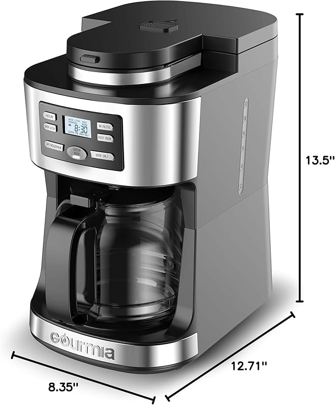 Gourmia Digital Coffee Machine 12Cup FullyAutomatic Large coffee maker integrated CoffeeGrinderPotstainless steel mesh coffee filter 4Hr KeepWarm and Freshness Indicator GCM3180Black and Silver