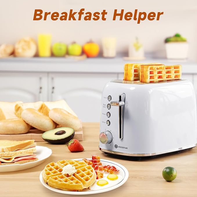 Aigostar Toaster 2 Slice Retro Toaster and 3 in 1 Sandwich Maker Panini Press Sandwich Waffle Tortilla Toaster Stainless Steel 1.6 inch Extra Wide Slots Bread Toaster Bagel Cancel Defrost Function